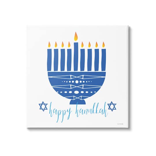 Stupell Industries Happy Hanukkah Patterned Blue Menorah Canvas Wall Art